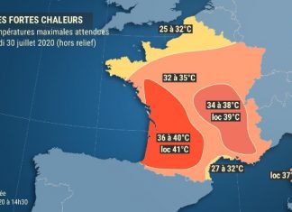 Canicule France : Pic de chaleur très intense, plus durable de la moyenne vallée du Rhône aux Savoies Canicule France : Pic de chaleur très intense, plus durable de la moyenne vallée du Rhône aux Savoies