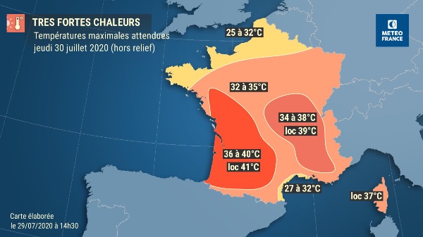 Canicule France : Pic de chaleur très intense, plus durable de la moyenne vallée du Rhône aux Savoies